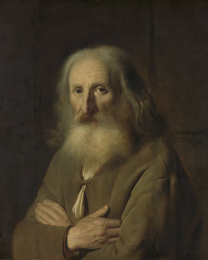 Painted portrait of an old man with folded arms