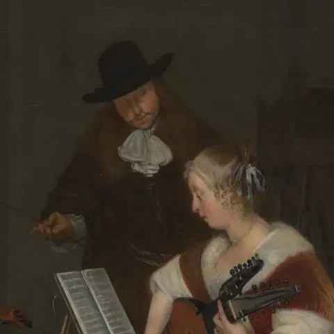 Painting of a man in a black hat leaning over a woman playing a lute beside a music stand