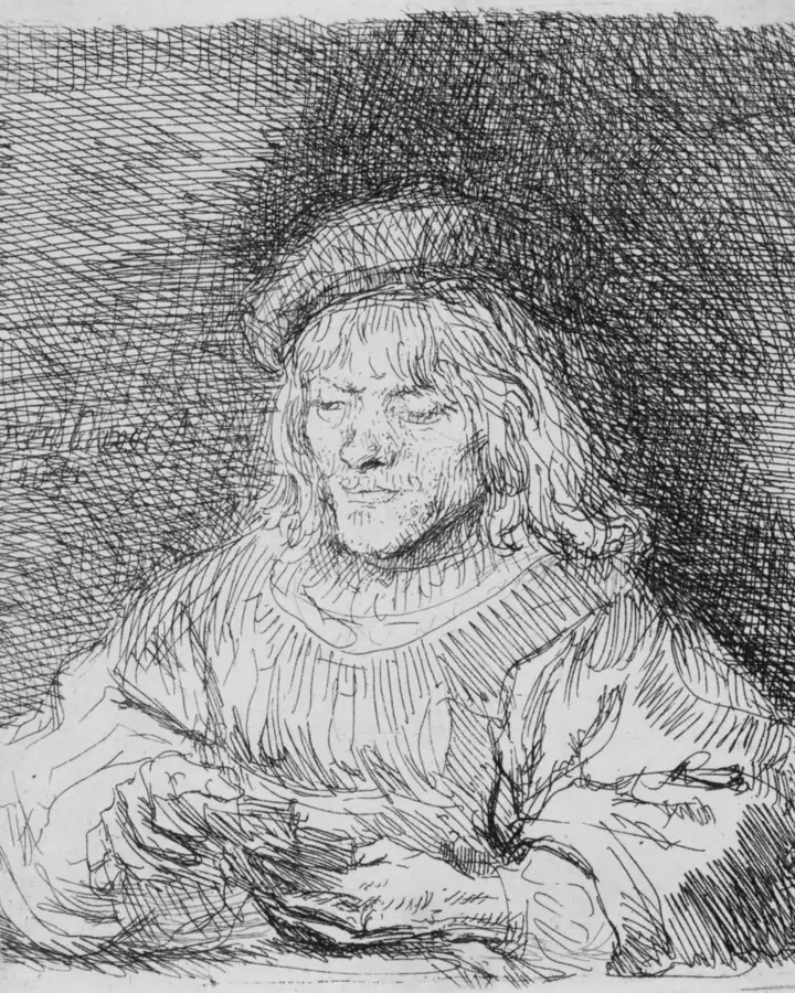 Rembrandt etching of a man in a cap studying the playing cards in his hands
